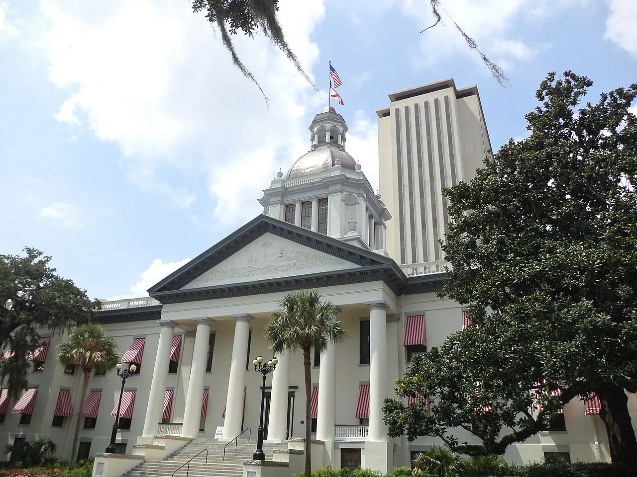Florida's Historic Capitol in front of the modern State Capitol tower in Tallahassee.